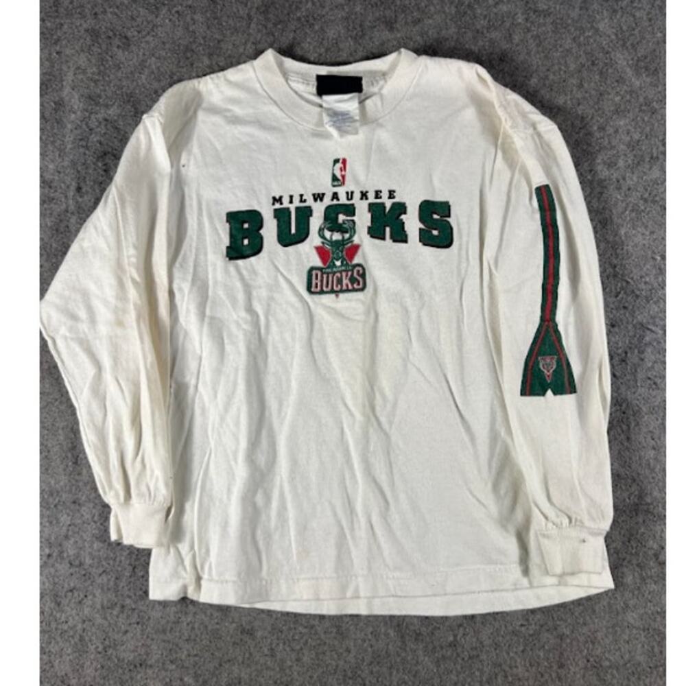 Vintage 90s Milwaukee Bucks NBA Long Sleeve Shirt Mens Large White Basketball
